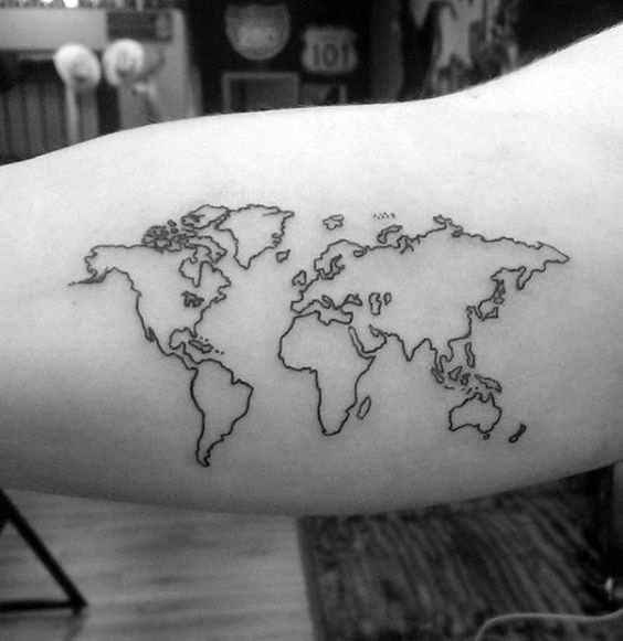 Outline world map tattoo on the bicep