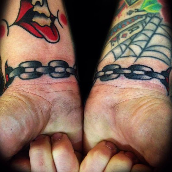 Traditional chain tattoos on inner wrists