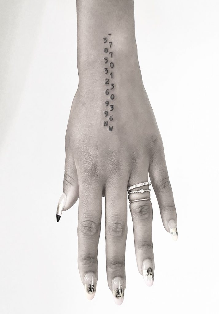 Unique coordinates tattoo on the left hand