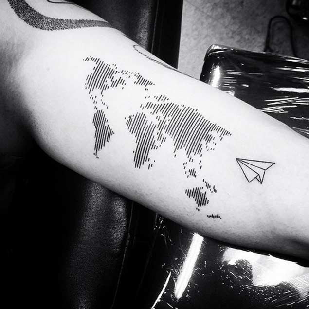 Vertical lines pattern world map and paper airplane tattoo