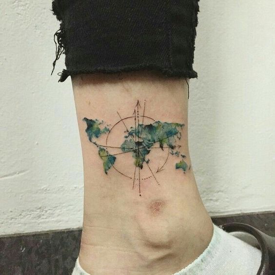 World map tattoo on the ankle