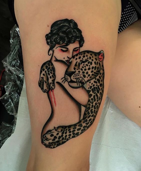 Lady and leopard tattoo