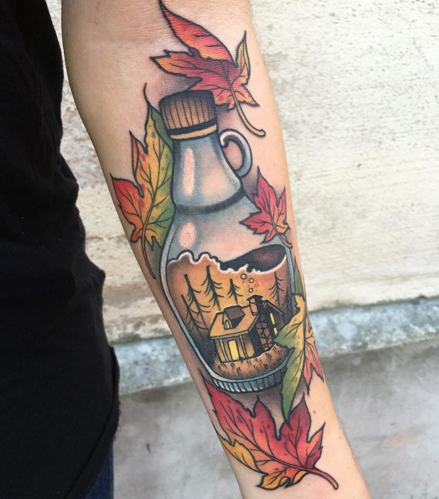 Neo traditional maple syrup bottle tattoo