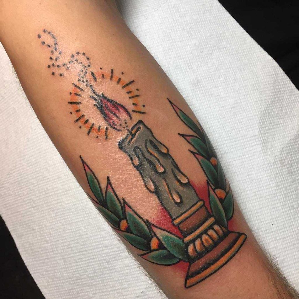 American traditional candle and wreath tattoo by Kirk Fagan