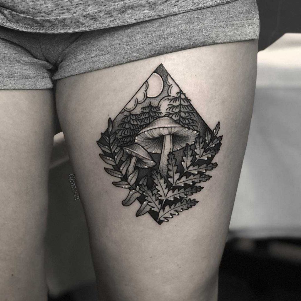 Black and grey mushroom tattoo by Natalie Davis