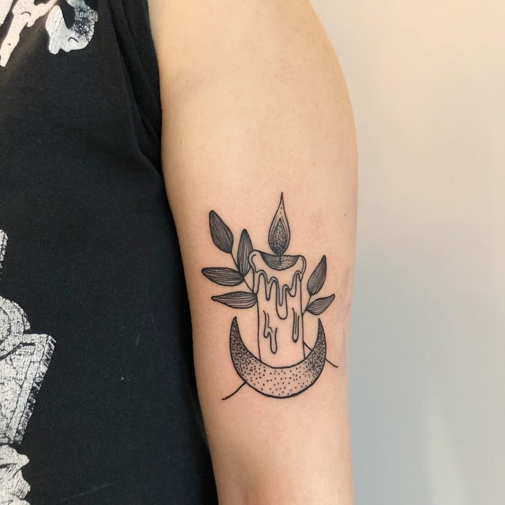 Candle and crescent moon tattoo by Allie Jeen