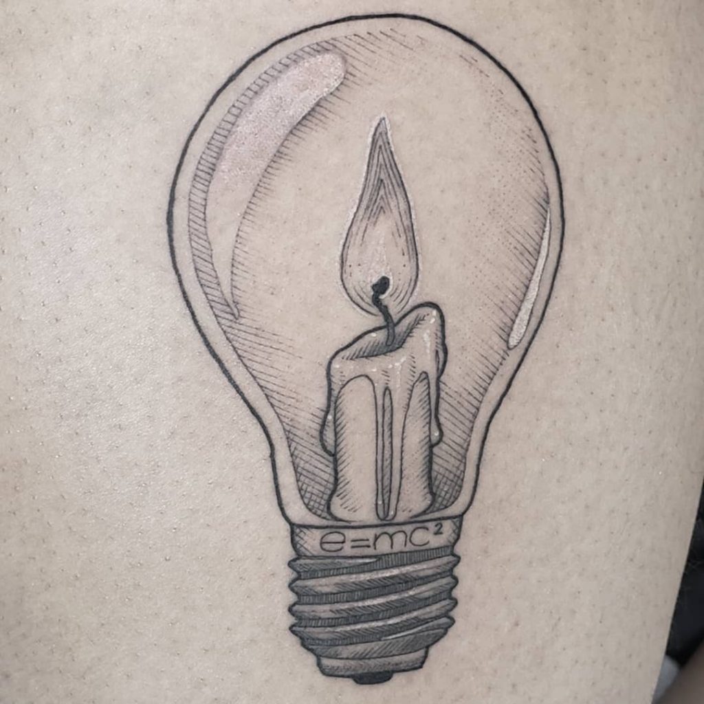 Candle in a lightbulb tattoo by Kristyn Kay Borglum
