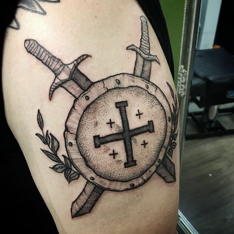Cross shield and swords tattoo