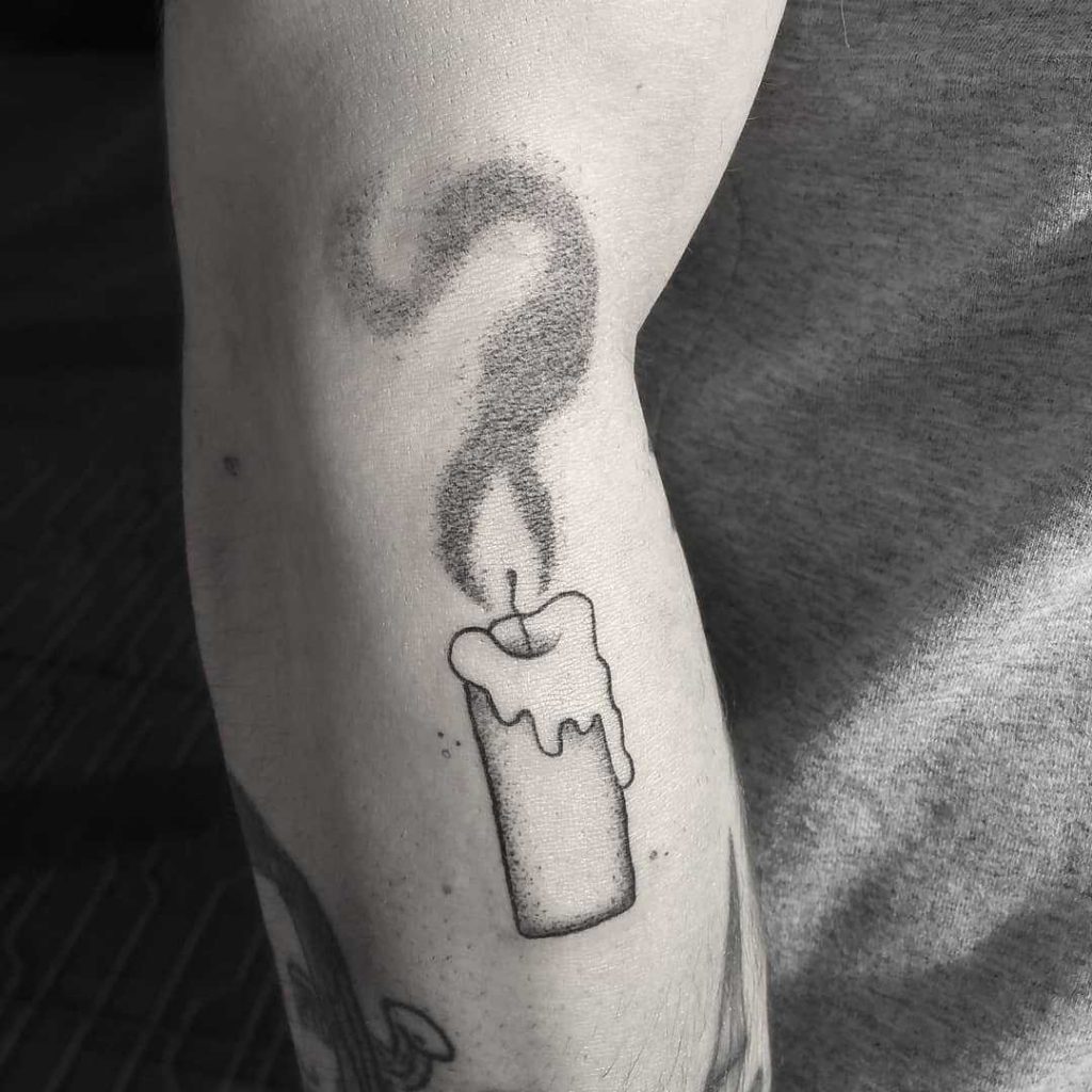 Dot-work style candle tattoo by Bárbara Araújo