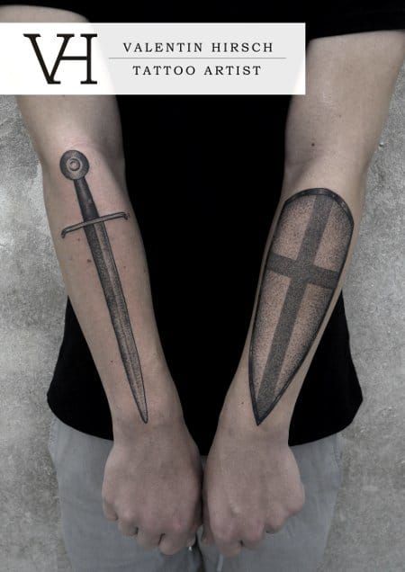 Dot work style sword and shield tattoo by valentin hirsh