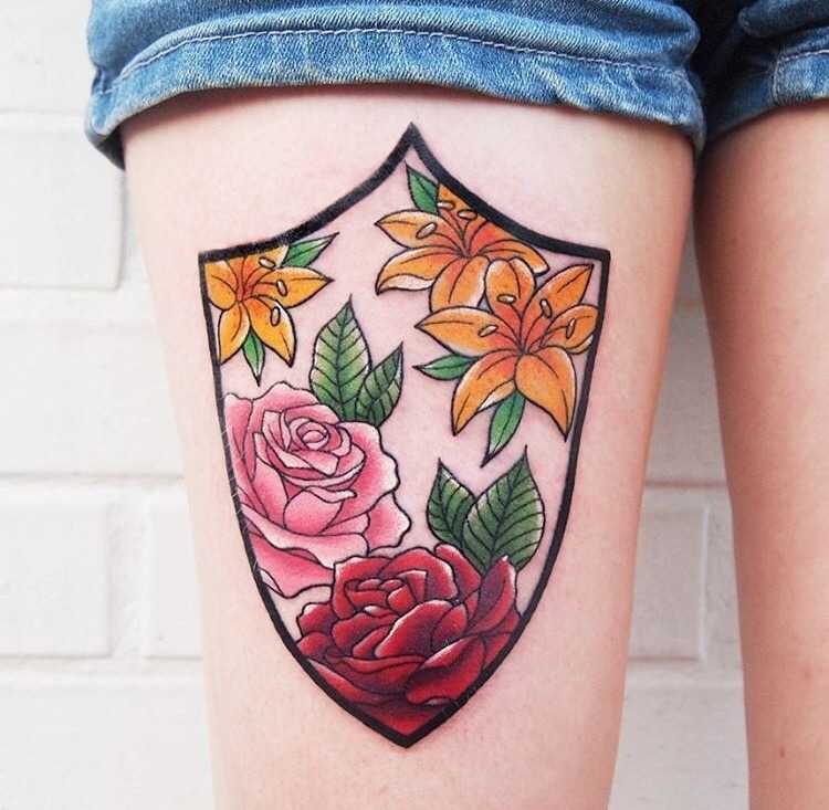 Floral shield tattoo by jessica channer