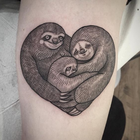 Heart shaped sloth family tattoo