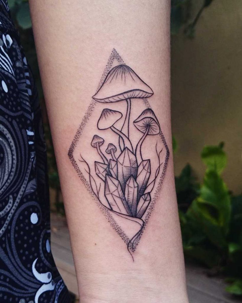 Mushrooms and crystals tattoo by Kate Miagusuku