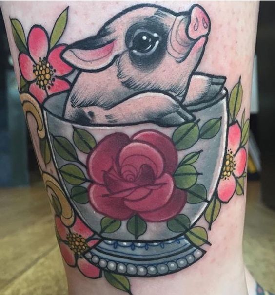 Neo traditional style pigglet tattoo