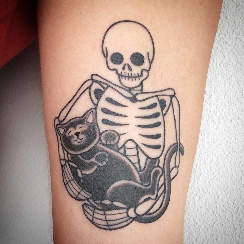 Skeleton and cat tattoo by Harry