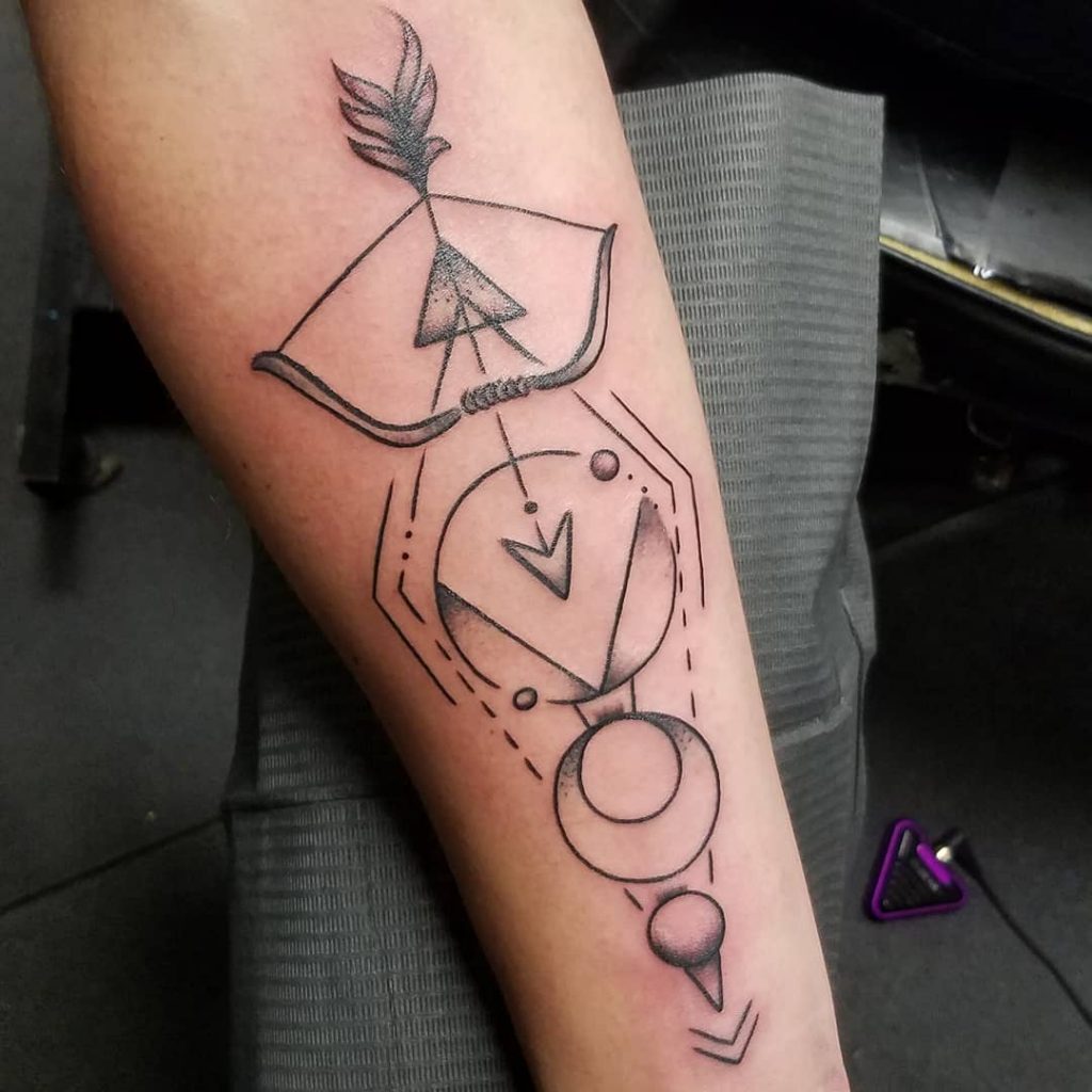 Stylized bow and arrow with geometric shapes