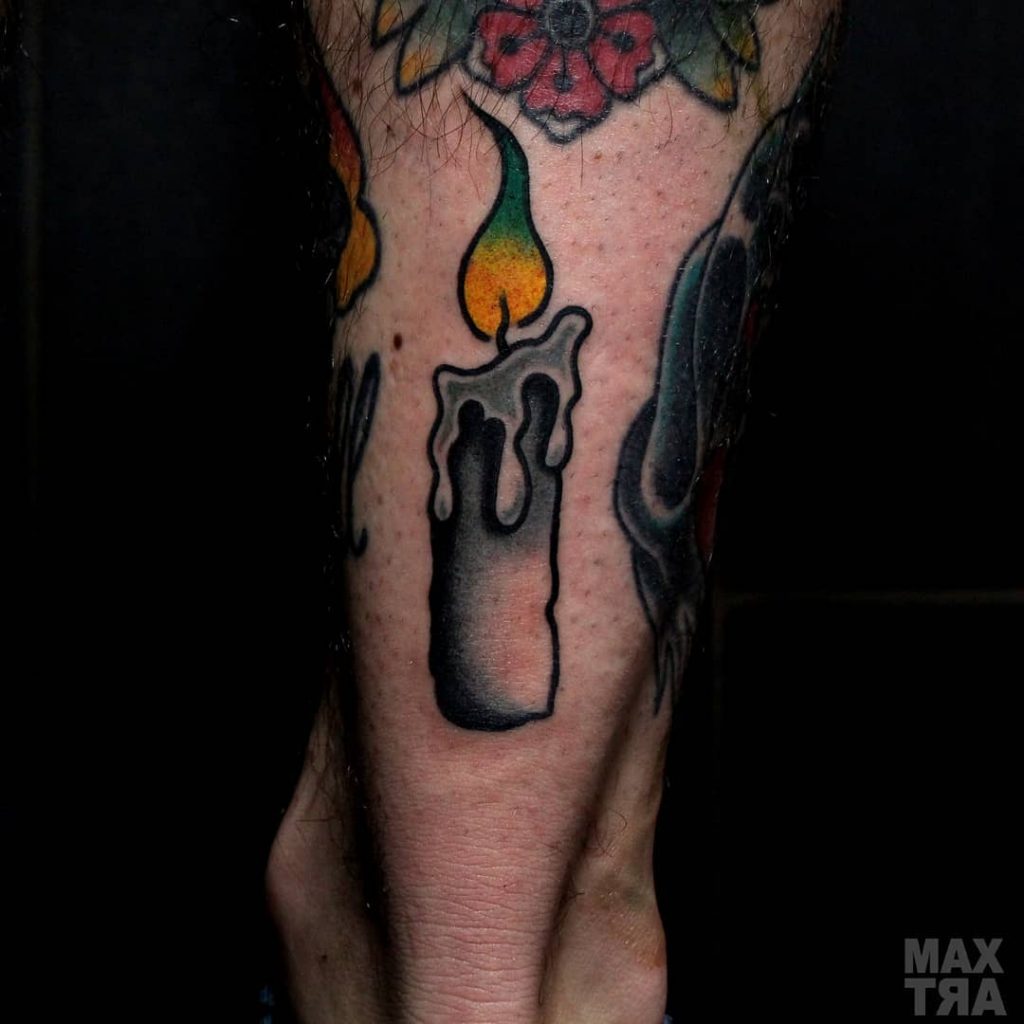Traditional candle tattoo on the ankle by Ohmuroo