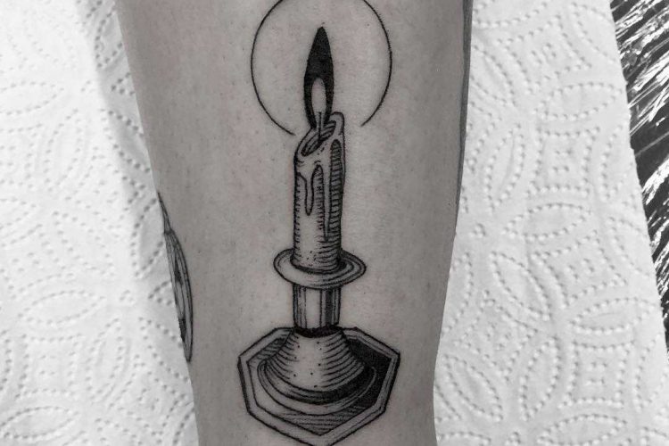Woodcut style candle tattoo by Davide Pozzato