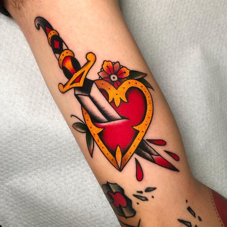 Traditional Dagger And Heart Tattoo by @stoyjunx